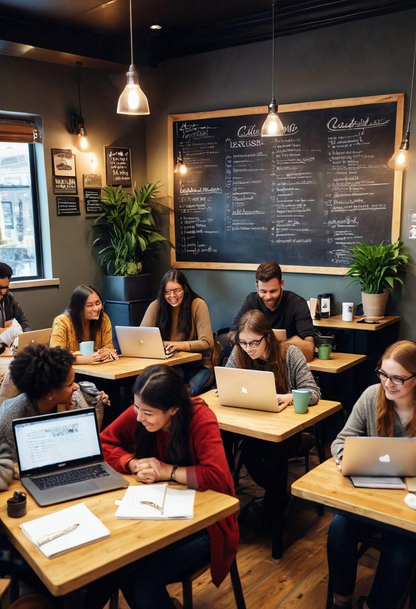 An inviting scene of a diverse group of people gathered around laptops and notebooks in a cozy cafe, sharing ideas and laughing. The background features a chalkboard with creative content ideas and engagement tips written on it. Warm lighting enhances the atmosphere, making it feel welcoming. Include colorful coffee cups and personal touches like plants and photos on the walls. cozy illustration. vibrant colors. warm tones.
