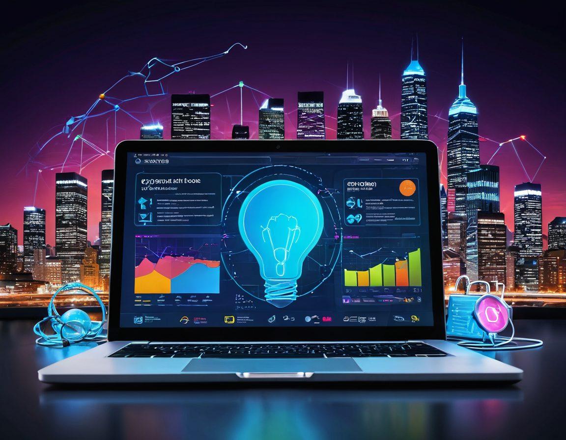 A digital representation of a web page with glowing SEO metrics such as traffic graphs, keywords, and backlinks, surrounded by tools like a magnifying glass, a light bulb signifying ideas, and an open laptop showcasing a content management system. The background features a city skyline representing the vast online reach. Bright colors and futuristic elements create a sense of innovation and opportunity. super-realistic. vibrant colors. 3D.