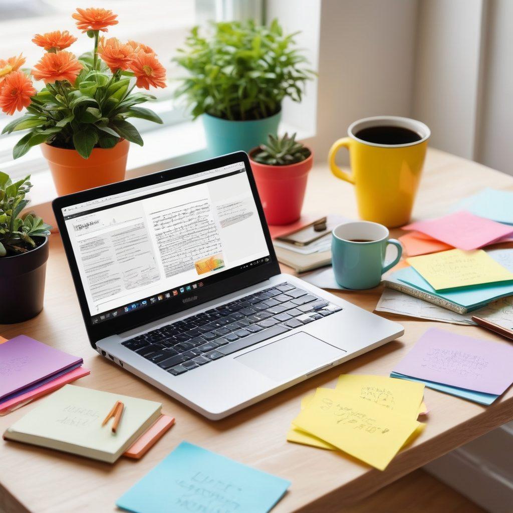 A vibrant desk scene featuring an open laptop displaying a blog post, surrounded by colorful sticky notes filled with ideas and doodles. Include a steaming coffee cup, a potted plant for a touch of nature, and a notebook with a pen ready to draft the next digital narrative. Bright, inviting colors and a soft glow to create a warm atmosphere that inspires creativity. super-realistic. vibrant colors. white background.